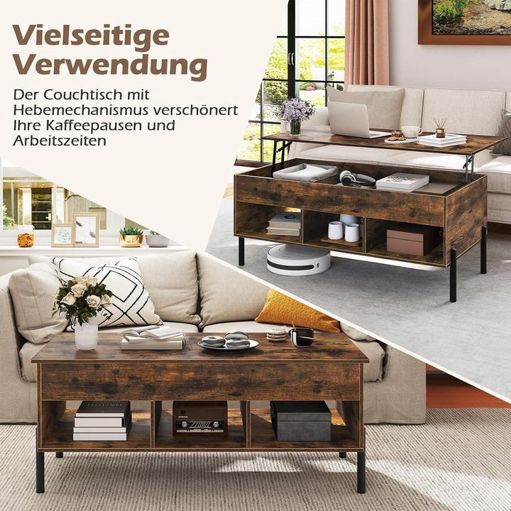 COSTWAY Couchtisch Höhenverstellbar, Beistelltisch mit anhebbarer Tischplatte & 3 offenen Fächern, W