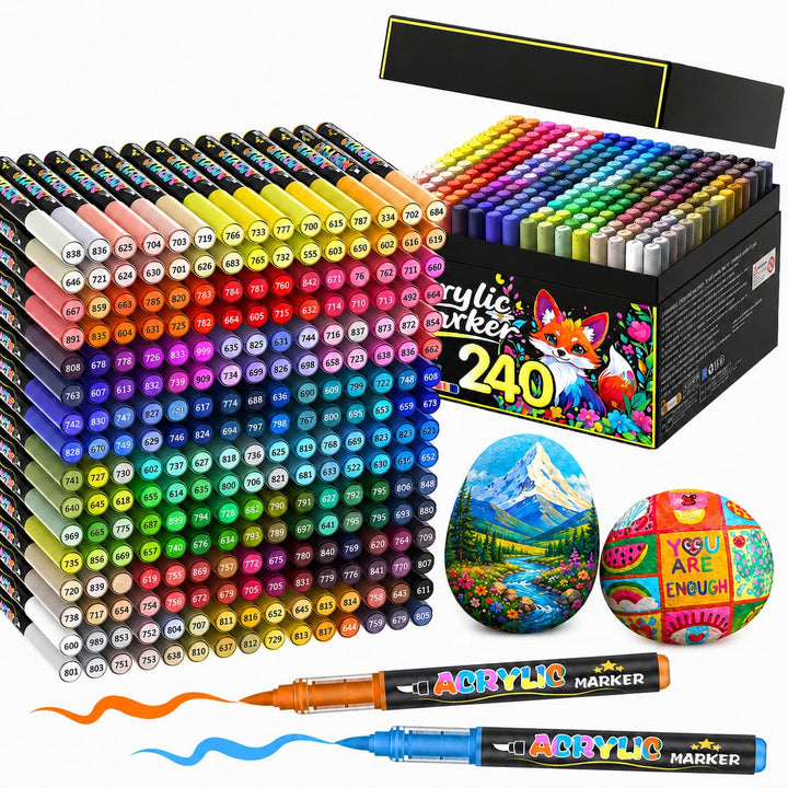 Lyuvie 240 Farben Acrylstifte für Steine WasserfestSet, Permanente Acrylic Paint Brush Marker Acryls