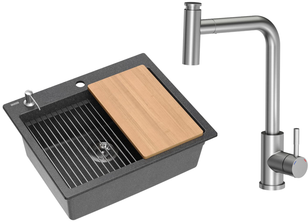 VBChome Set Spülbecken mit Armatur 60 x 50 cm Schwarz Spülmittelspender Siphon Matte Planke Granit S