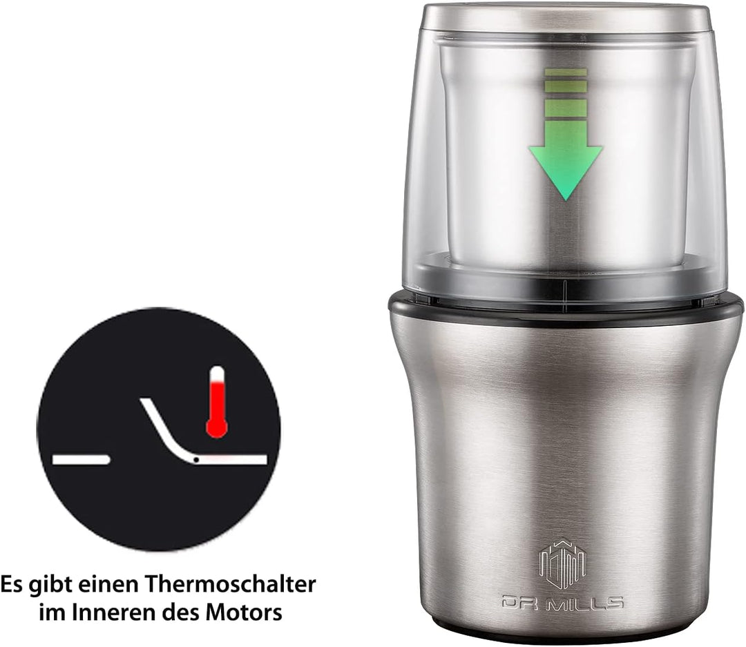 DR MILLS DM-7412M Elektrische Gewürz- und Kaffeemühle, Mühle und Hackmesser, abnehmbarer Becher, abw