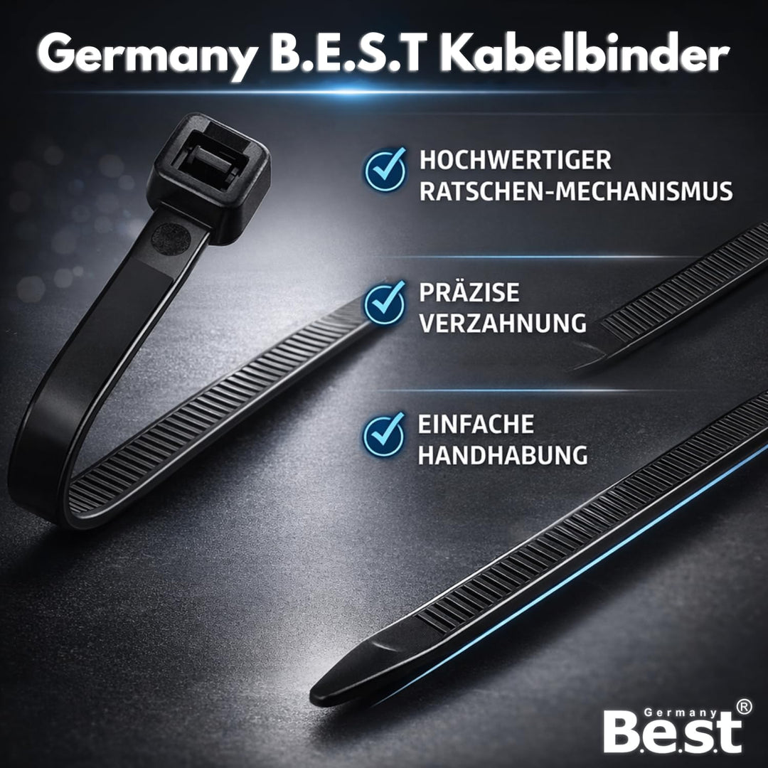 Kabelbinder Schwarz 1000 Stück - 4,8 x 300 mm – Reissfest, Belastbar & Robust – Kunststoff Kabelbind