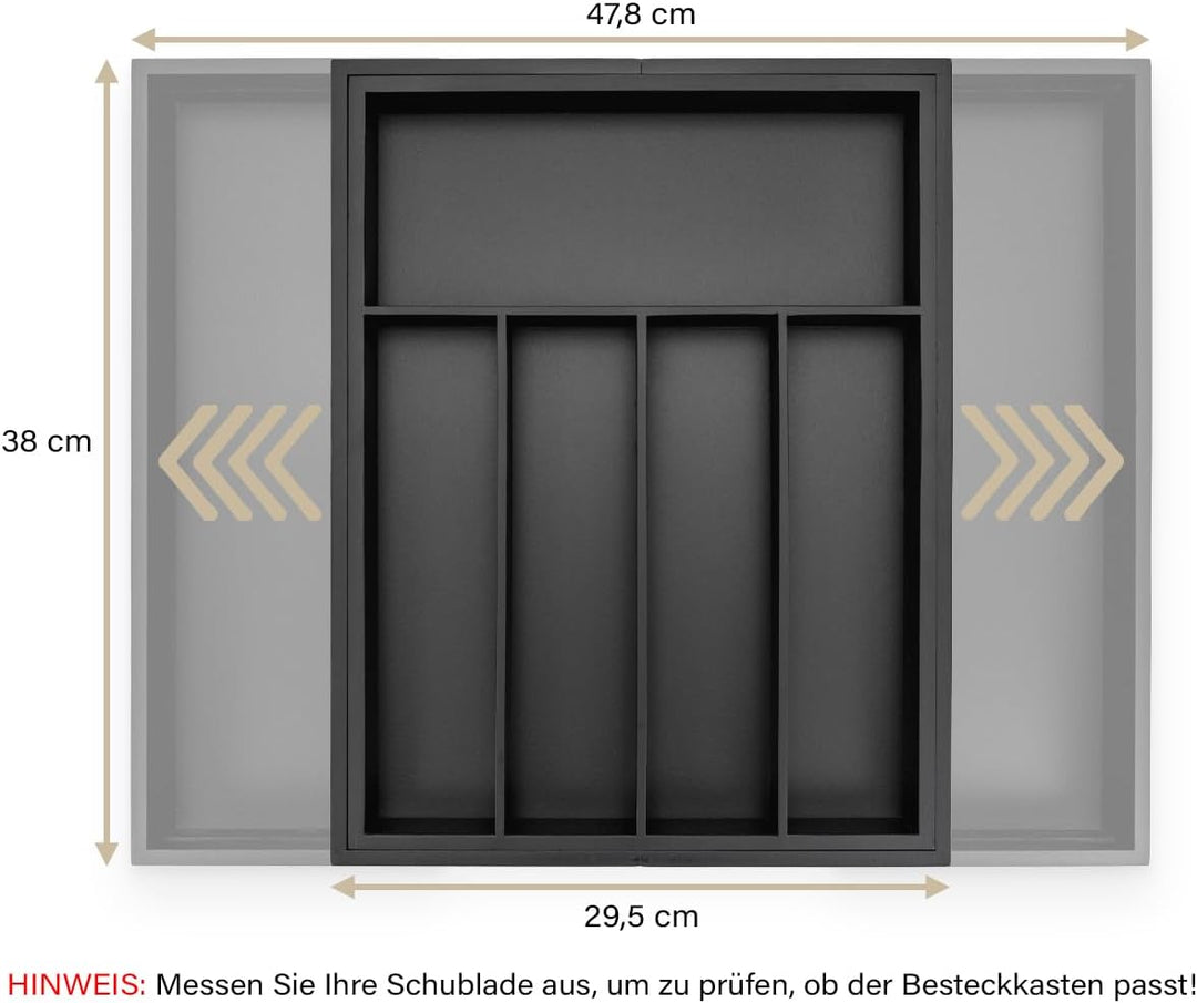 budu Besteckkasten #38 (Tiefe 38cm) aus Bambus - Schwarz - Schubladen Ordnungssystem für die Küche -