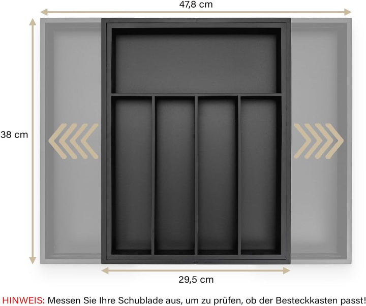 budu Besteckkasten #38 (Tiefe 38cm) aus Bambus - Schwarz - Schubladen Ordnungssystem für die Küche -