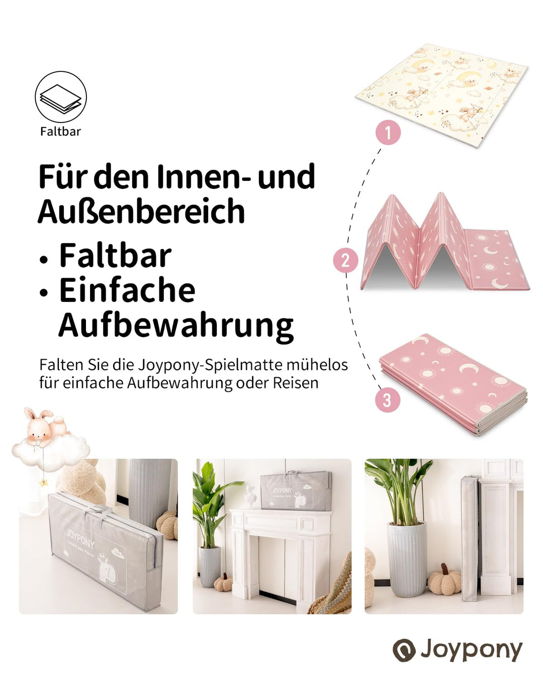 Joypony Krabbelmatte Baby Faltbar, 150 x 180 x 1cm Spielmatte Kinder | Rutschfest &amp; Wasserdicht | Do