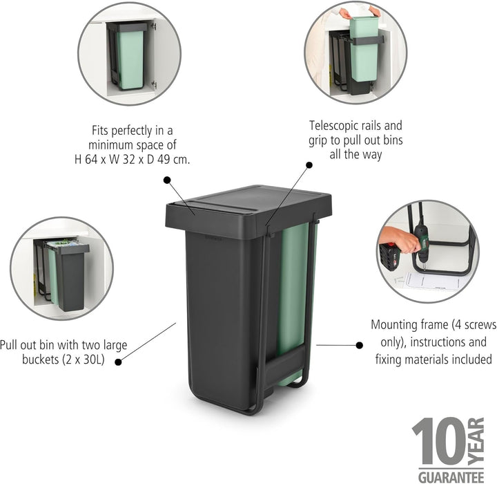 Brabantia Sort &amp; Go Ausziehmülleimer | 2 x 30 l Einbaumülleimer für die Unterschranktür | Integriert