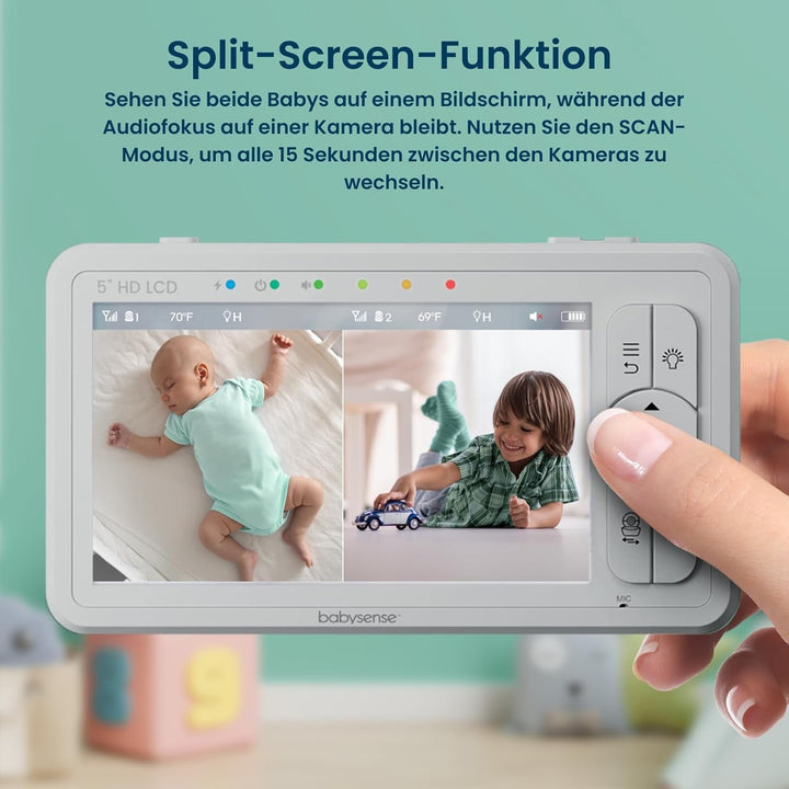 Babysense Baby Monitor mit 5" HD Split-Screen, Babyphone mit 2 HD-Kameras, Fernbedienung PTZ, Nachtl