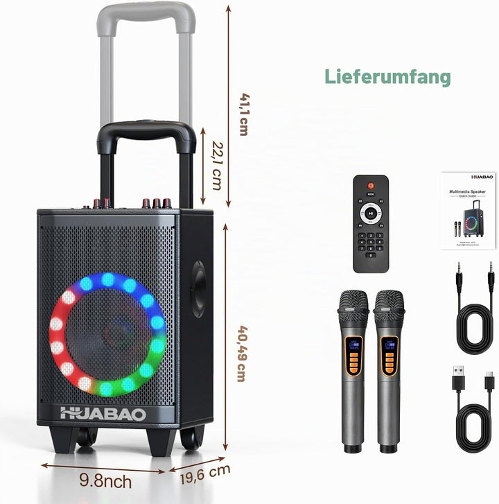 Tragbare Karaoke-Maschine mit 2 drahtlosen Mikrofonen, Bluetooth-Lautsprecher mit Beleuchtung und Tr
