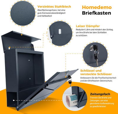 HOMEDEMO Briefkasten, Postkasten anthrazit, Briefkasten mit Zeitungsfach und Dämpfer RAL 7016, Brief