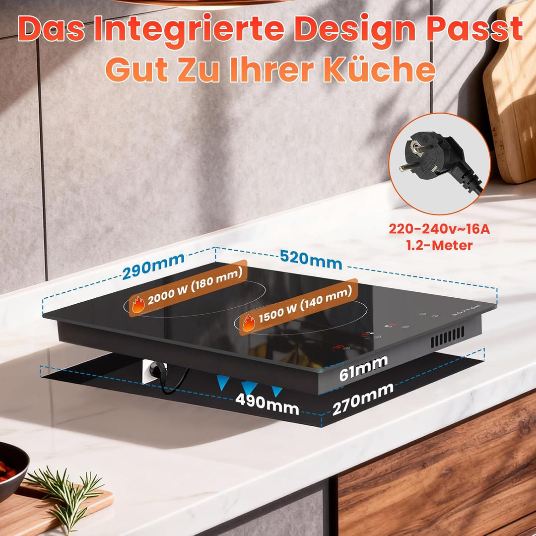 NOXTON Domino Induktionskochfeld 2 Platten Einbau mit Stecker, 3500W Induktionskochplatte Doppelt, K