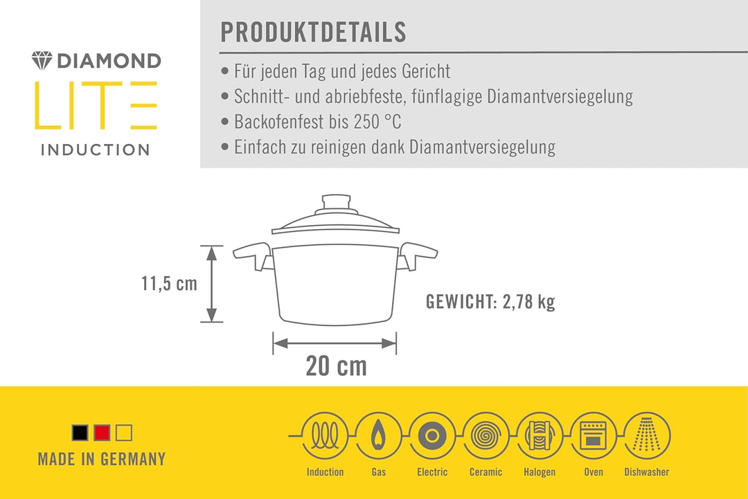 Woll Diamond Lite Topf mit Glasdeckel in Box - Induktiv -, Ø 20 cm, 11.5 cm hoch, 3.2 Liter - Geeign