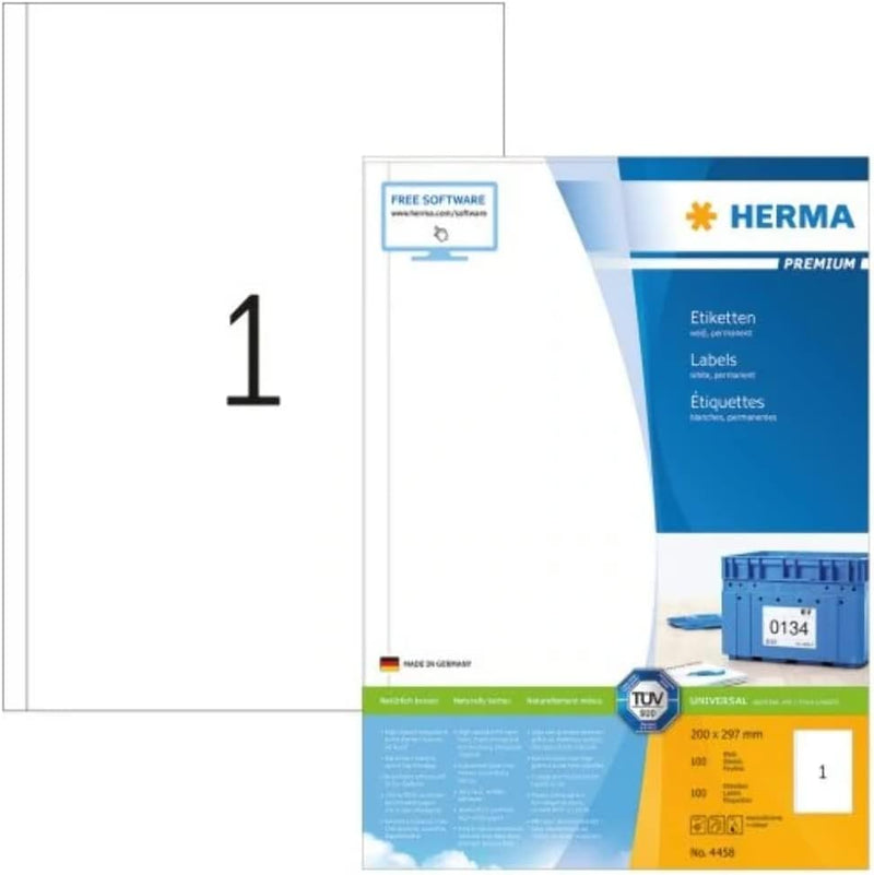 HERMA 4458 Universal Etiketten, 100 Blatt, 200 x 297 mm, 1 Stück pro A4 Bogen, 100 Aufkleber, selbst