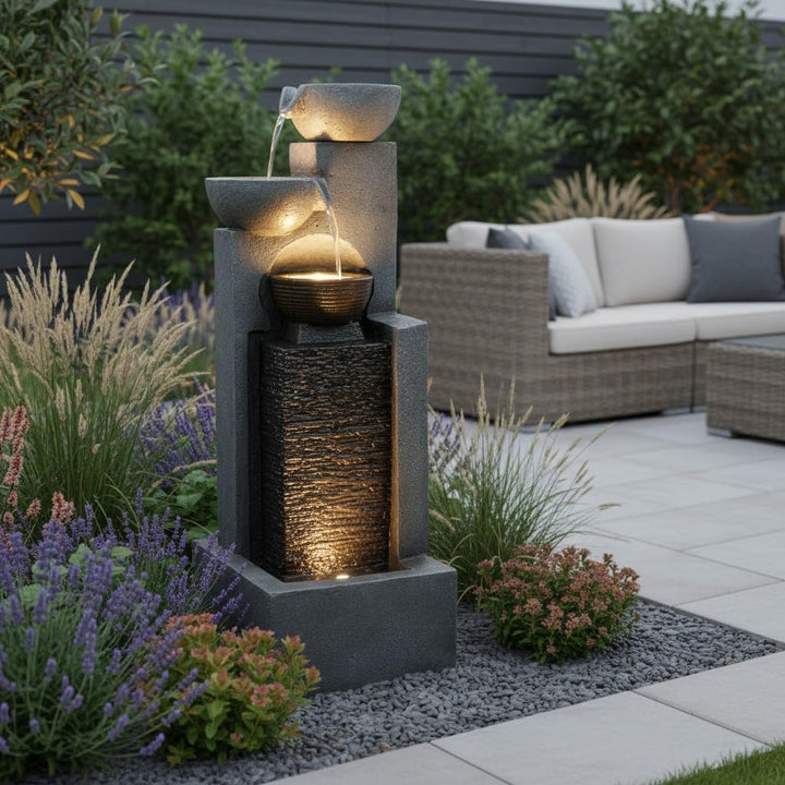 Grosser Gartenbrunnen mit LED Beleuchtung Springbrunnen Kaskade Wasserspiel Gartendekoration