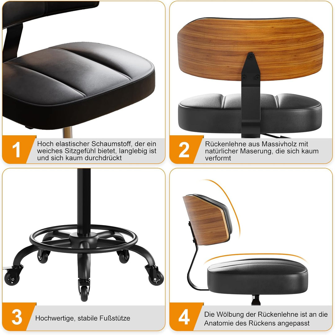 Rollhocker HöHenverstellbar, Bürohocker Ergonomisch,Arbeitshocker, Drehhocker 360°,Mit Rückenlehne P