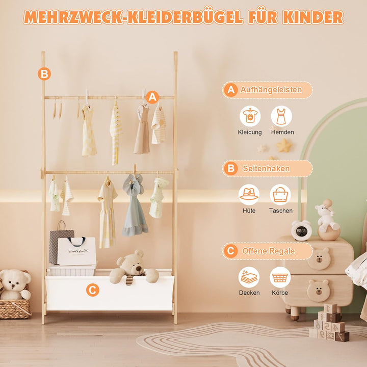 Kinder Kleiderständer Holz, Garderobenständer mit Aufbewahrungskiste und Kleiderstange, Kindergarder