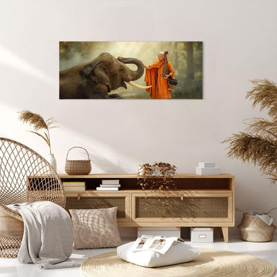 Panorama Bilder auf Leinwand 100x40cm Leinwandbild Elefant Mönch Stosszahn Gross Wanddeko Bild Schla