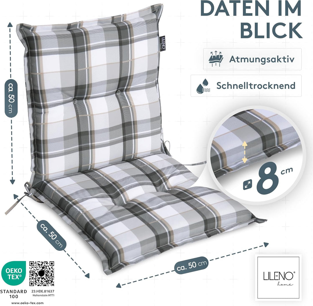 LILENO HOME Gartenstuhl Auflagen als [2er Set - Niedriglehner] in Karo Grau Y - Bequeme Liegen als S