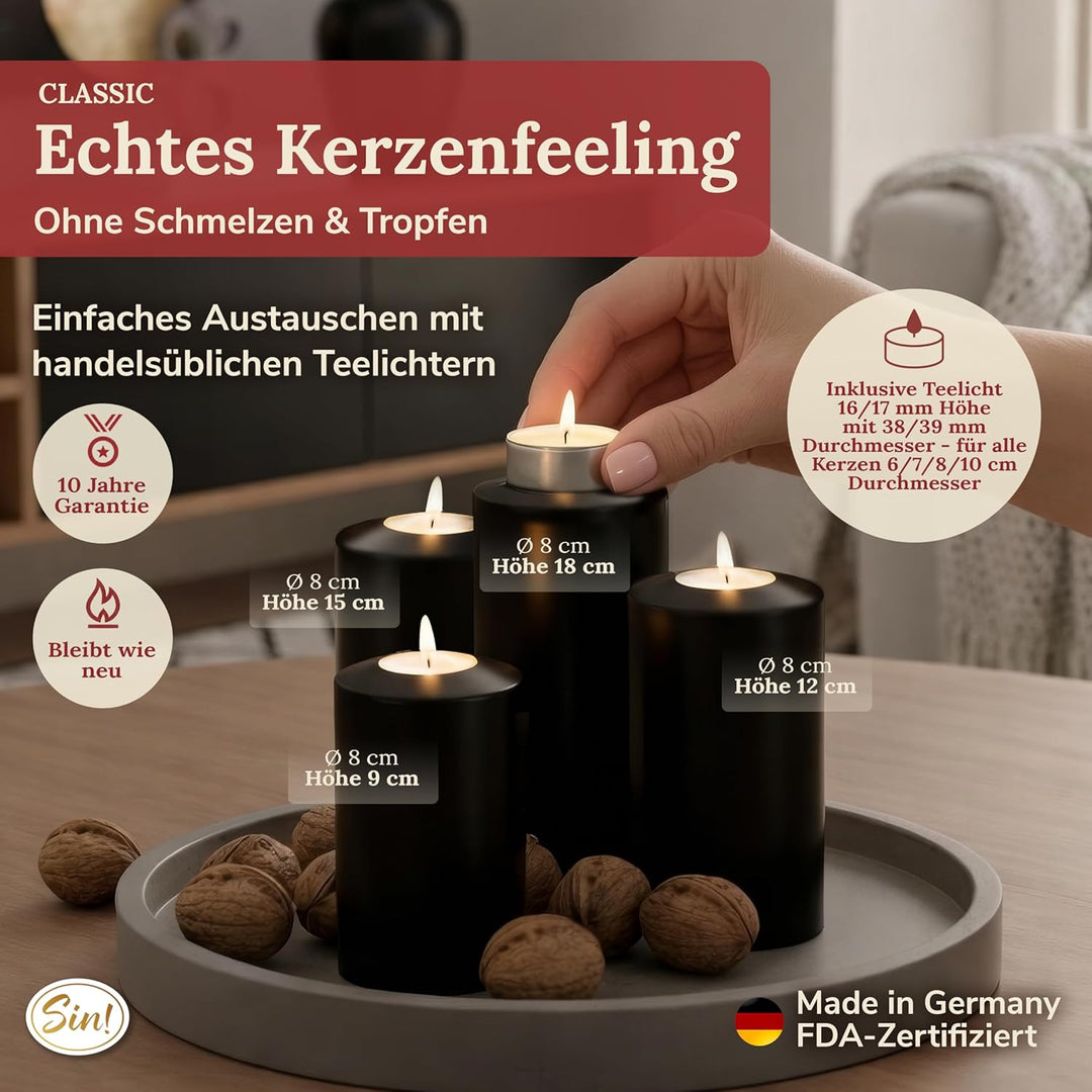 Sin! Teelichthalter Classic schwarz- ∅ 8 cm - Höhe 15 cm, Dauerkerze mit Teelicht in Kerzenform - Te