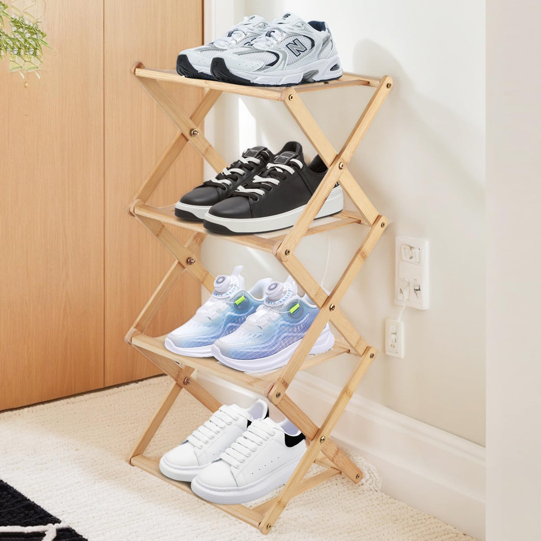 Kleines Schuhregal Platzsparend, Bambus Faltbares Schuhregal Schmal, Multifunktionale 4 Ebenen Veran