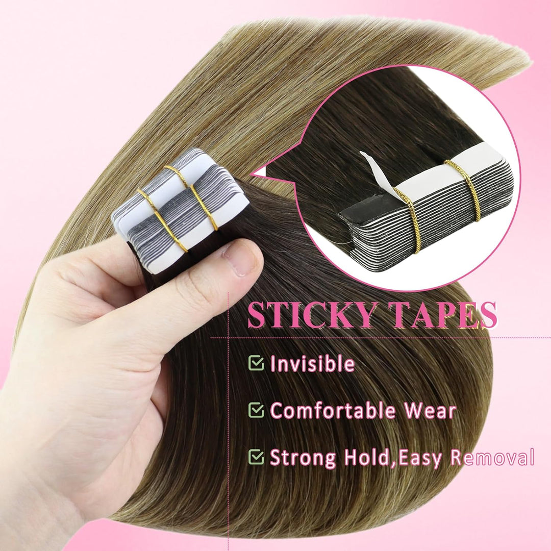 YoungSee Tape in Extensions Balayage Invisible Tape Extensions Echthaar Braun Ombre Blond Echthaar E