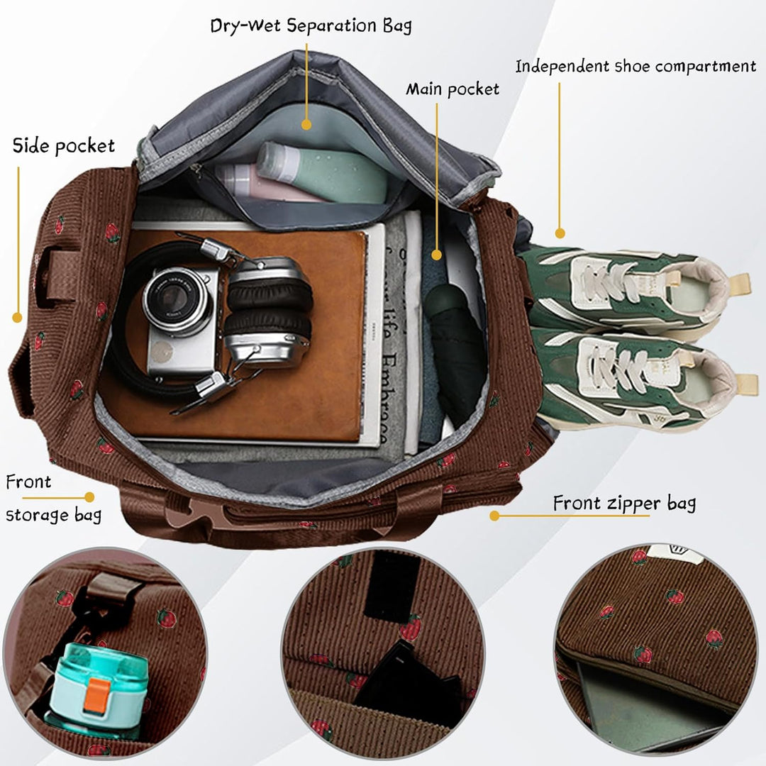 Reisetasche Damen, Sporttasche Damen mit Schuhfach, Nassfach and Kleine Geldbörse, Cord Schwimmtasch