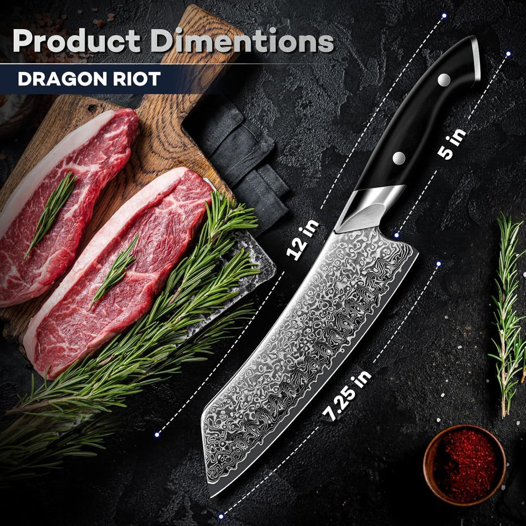 DRAGON RIOT Damastmesser, Japanisches Fleischmesser extrem scharf, Handgeschmiedete Kochmesser profi