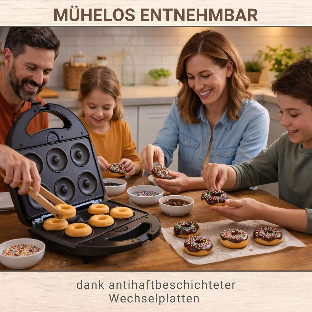 Syntrox Germany SM-1300W-Donut Maker für 6 Donuts - Mit antihaftbeschichteten Wechselplatten