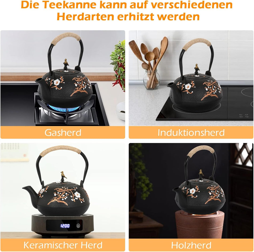 Dyna-Living Teekanne Gusseisen Set, Japanische 1,2 Liter Gusseiserne Teekanne 4 Teebecher, Basis, Ed