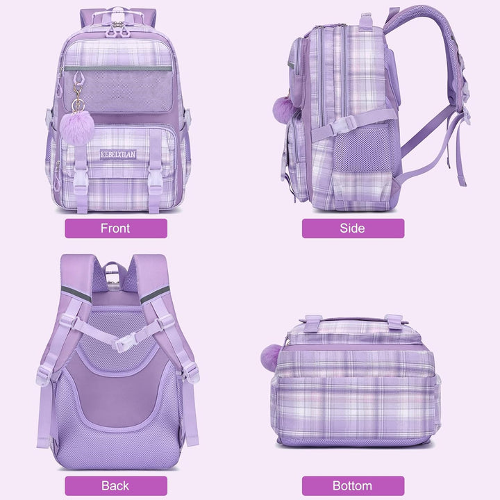 KEBEIXUAN Rucksack Mädchen, Schultasche Mädchen 1.-5. Klasse, Atmungsaktiv Schulrucksack mit Pom-Pom