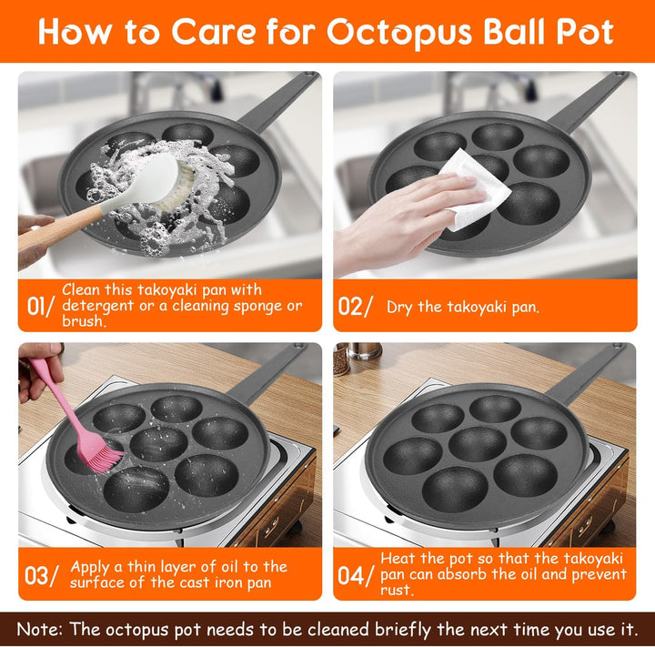 Tissting Takoyaki Pfanne Grillpfanne 7 Löcher 5,5cm Loch Antihaft Gusseisen Oktopus Pan mit Griff, P
