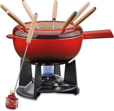 Spring Gusseisen Fondue Set rot | Ø 20 cm | mit 8 Fonduegabeln und Spritzschutz | Rechaud Brenner &