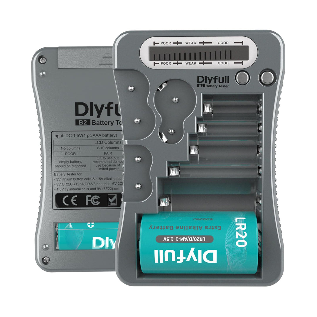 Dlyfull LCD Universal Batterietester für AA AAA C D 9V Digitaler Testgerät für CR123A CR2 CRV3 2CR5