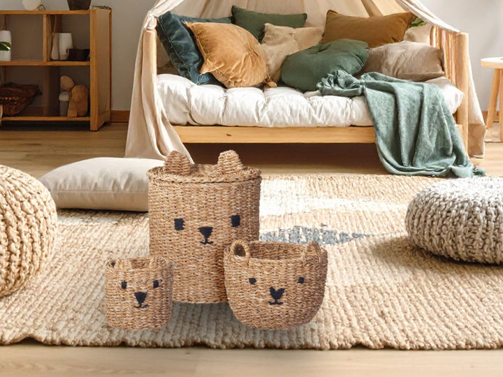 Aufbewahrungskorb mit Deckel Seegras Bär Spielzeugkorb Boho Kinderzimmer 3-er Set
