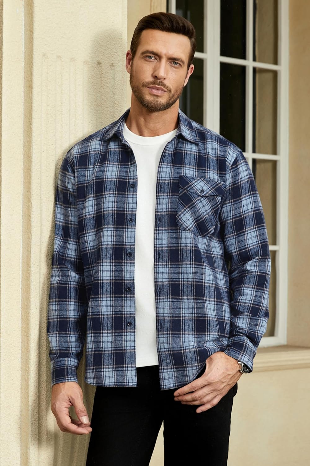 HISDERN Flanellhemd Herren Karierte Hemden Herren Langarm Button Down Baumwolle Holzfällerhemd Regul
