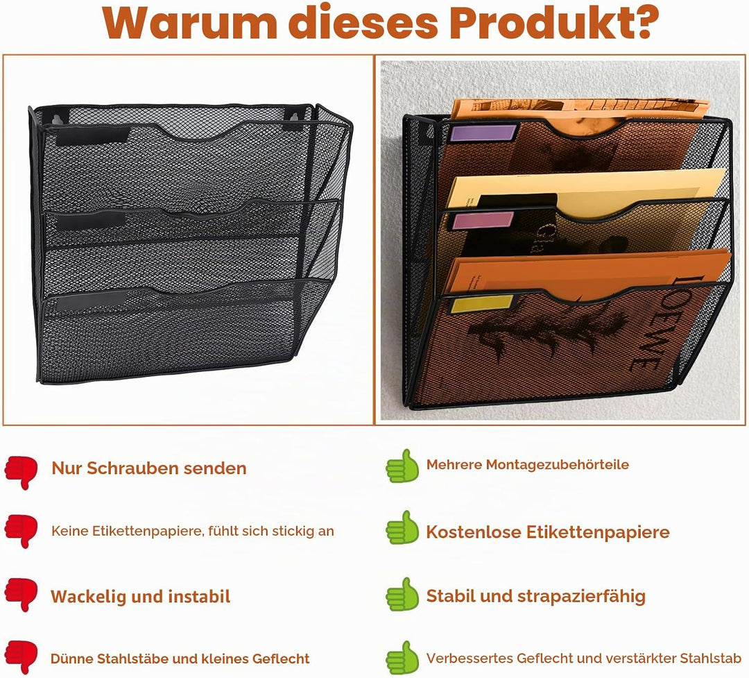 Hängeorganizer Wandablagefächer 3 Stöckiger Wandmontage Schreibtisch Organizer, A4 Zeitschriftenhalt
