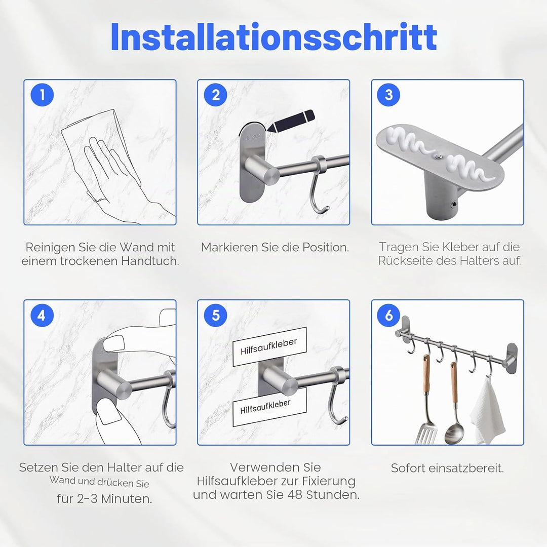 Geschirr hängende Rack mit 8 abnehmbaren Haken keine Bohrung, Edelstahl Küche Schiene Pfanne Hanger
