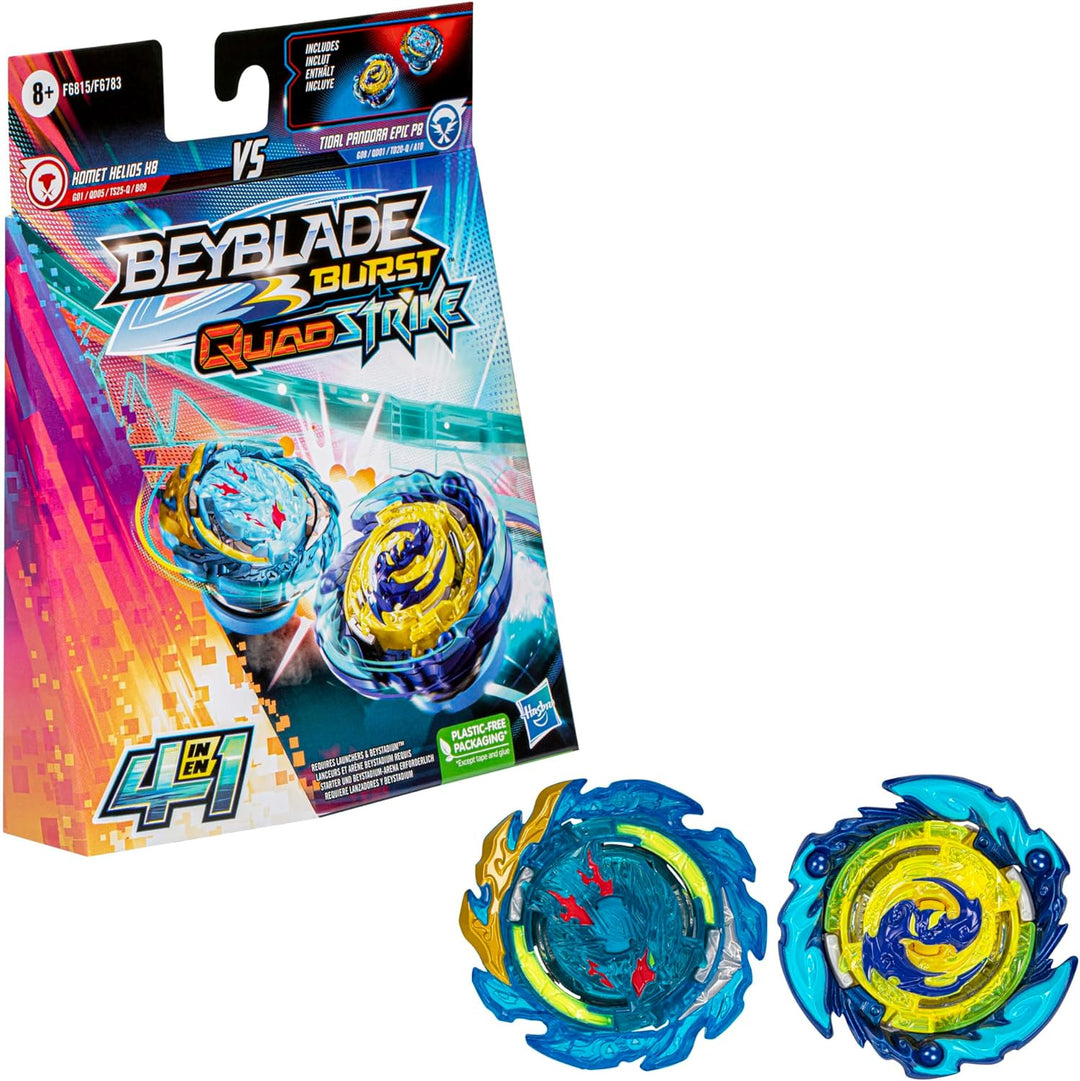 Beyblade Burst QuadStrike Komet Helios H8 und Tidal Pandora Epic P8 Kreisel Doppelpack, Battle Kreis