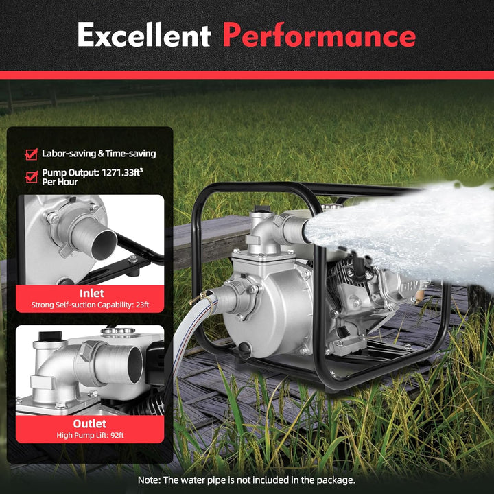 Tagtuell 6,5PS Wasserpumpe, Gartenpumpe, Benzin Pumpe mit 212cc Motor und 7m Ansaughöhe, Seilzugstar