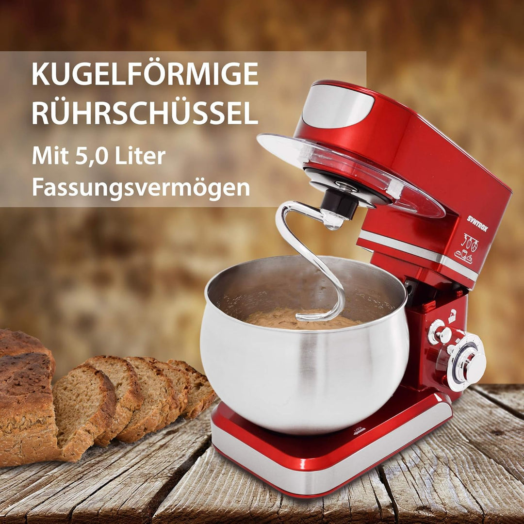 Syntrox Germany KM-5.0L Basic Red Küchenmaschine Knetmaschine, Edelstahl-Behälter, 5 Liter, rot