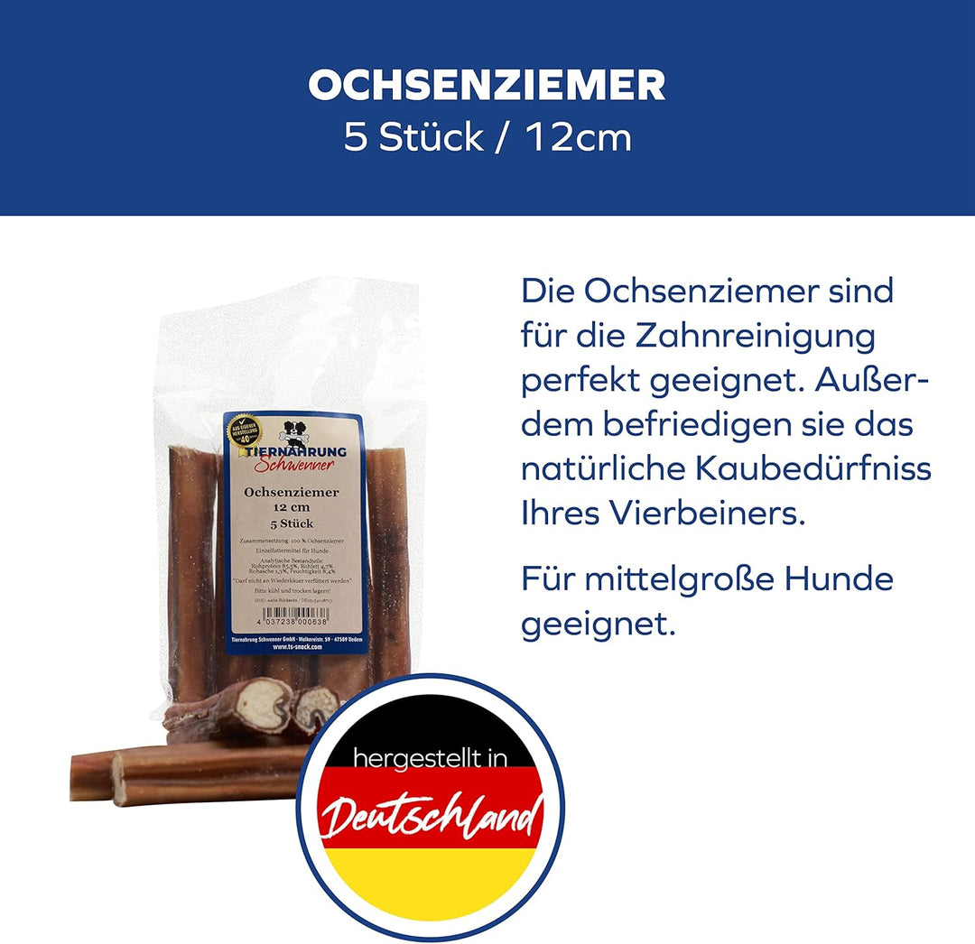 Ochsenziemer für Hunde – 12cm grosse Kauartikel - 5 Stck. für langanhaltenden Kauspass 150 g (1er Pa