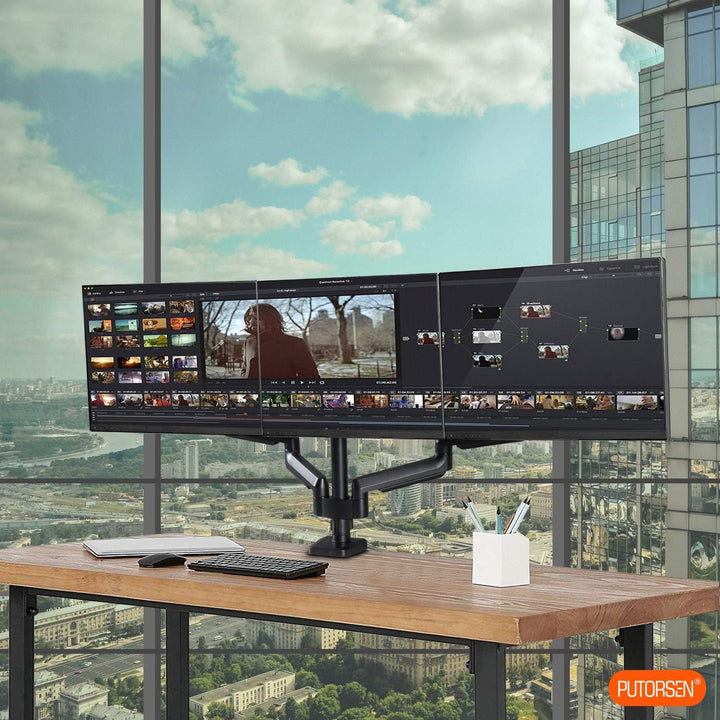 PUTORSEN Monitor Halterung 3 Monitore, Ergonomische Gasfeder Monitorhalterung für 17-27 Zoll LCD Bil