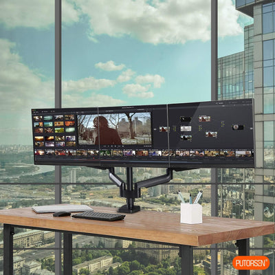 PUTORSEN Monitor Halterung 3 Monitore, Ergonomische Gasfeder Monitorhalterung für 17-27 Zoll LCD Bil