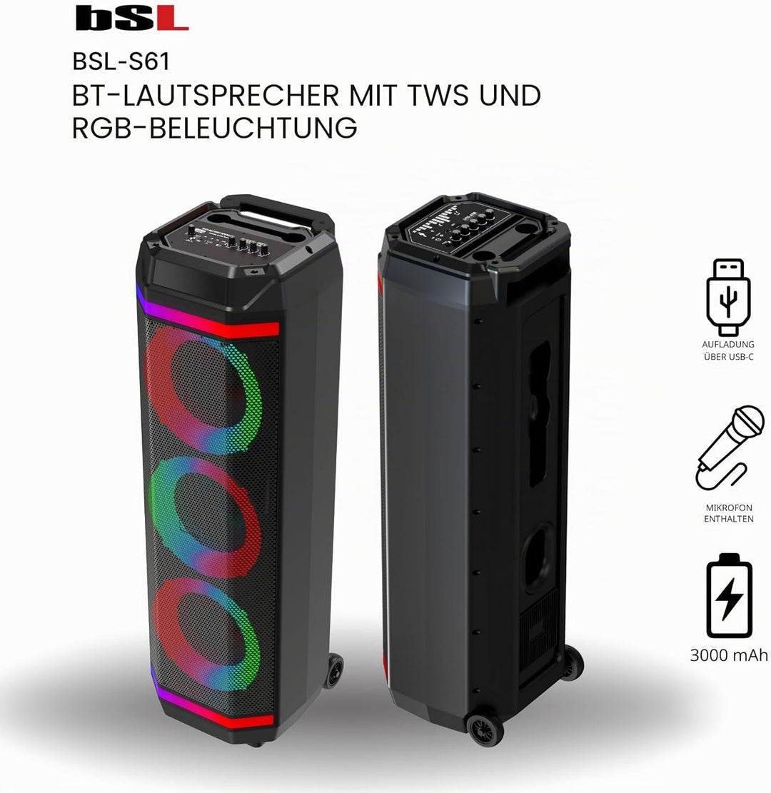 Bluetooth-Lautsprecher BSL-S61 mit Beleuchtung an den Lautsprechern | 3 Lautsprecher mit 8 Zoll | 50