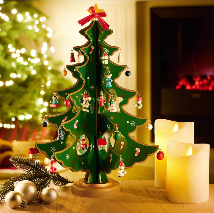 com-four® Mini-Weihnachtsbaum aus Holz - Zierschmuck - Aufsteller mit vielen Ornamenten zum Aufhänge