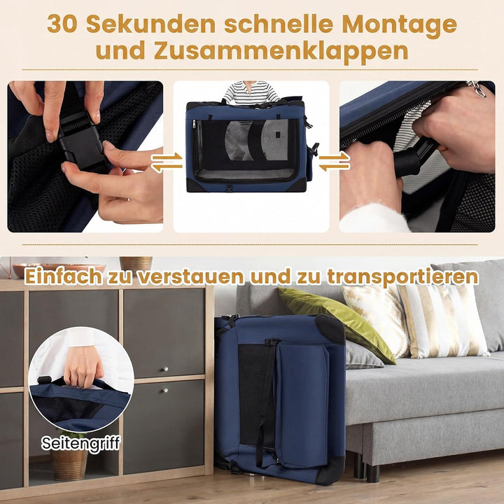 COSTWAY Hundebox Auto, Transportbox Hund faltbar (L-83,5 x 58 x 58 cm,Blau) | Hundetransportbox mit