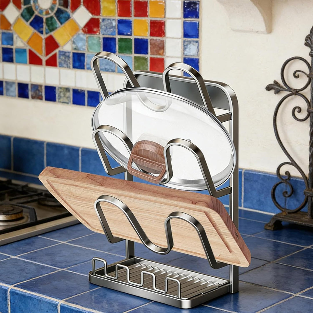 Topfdeckel Organizer,Mehrstufiger Ständer mit Auffangschale | Küchen-Organizer Für Deckel Und Halter