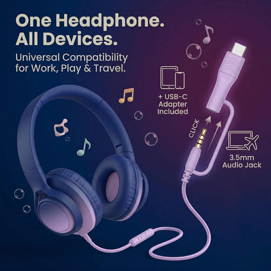 Kinder Kopfhörer Over-Ear: Faltbar & Verstellbar mit Mikrofon – 3,5mm Klinke + USB-C Adapter – Weich