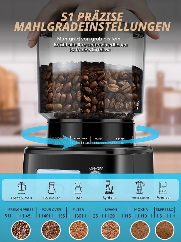 Homtone Elektrische Kaffeemühle für Siebträger, 51 einstellbare Mahlgrade, Kaffeemühle mit Grossem D