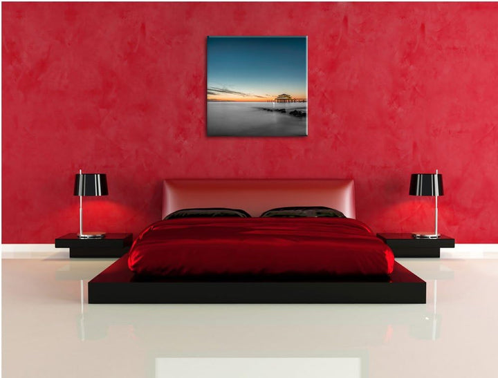 Pixxprint Timmendorfer Strand bei Sonnenuntergang Schwarz/Weiss, Format: 70x70 auf Leinwand, 70x70
