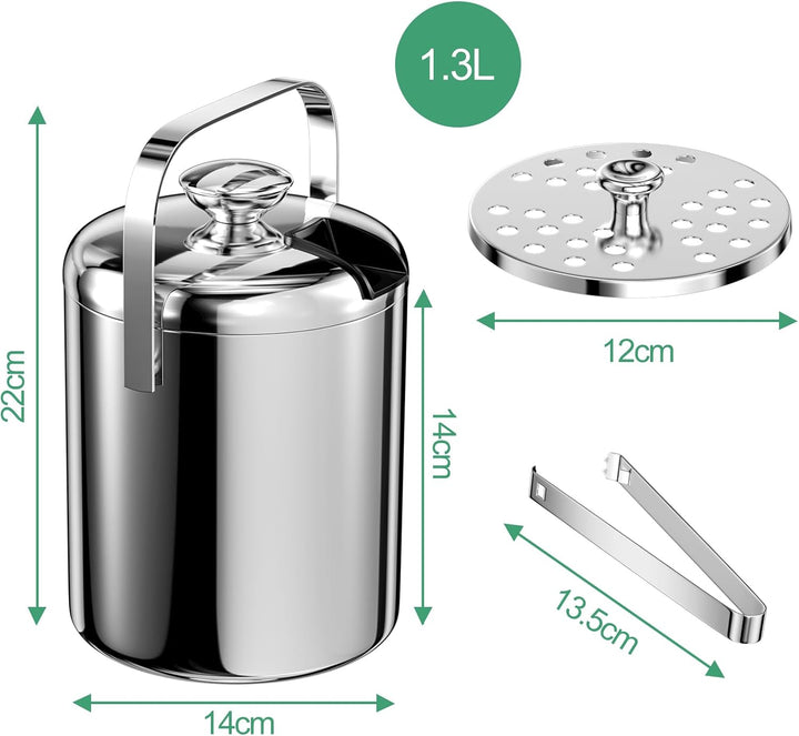 1.3L Eiswürfelbehälter, Edelstahl Eiskübel mit Luftdichtem Deckel, Sieb und Eiszange, Doppelwandiger