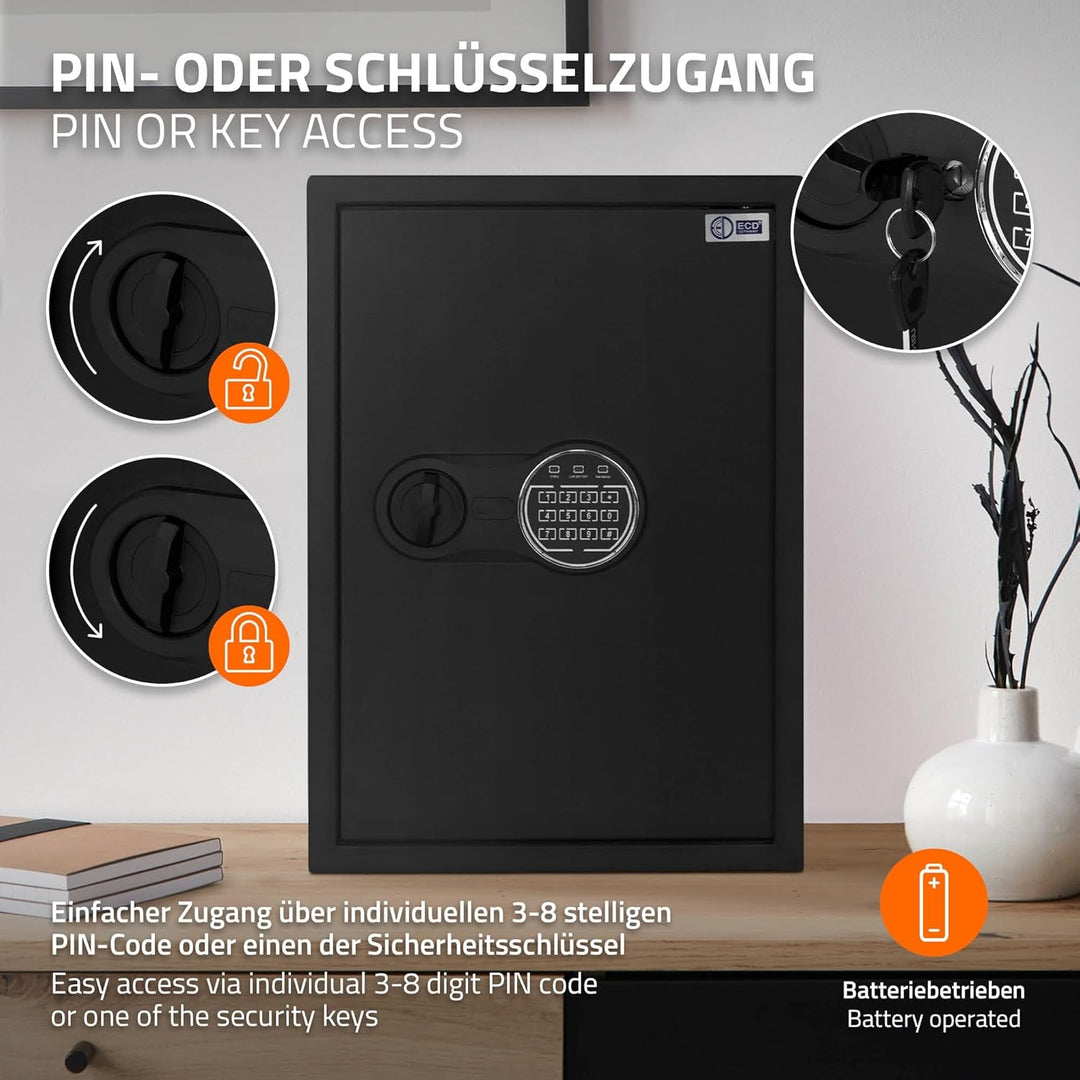 ECD Germany Safe Tresor 43L XL 35x50x31 cm, Wandtresor aus Stahl mit Sensorlicht und Digitale Tastat